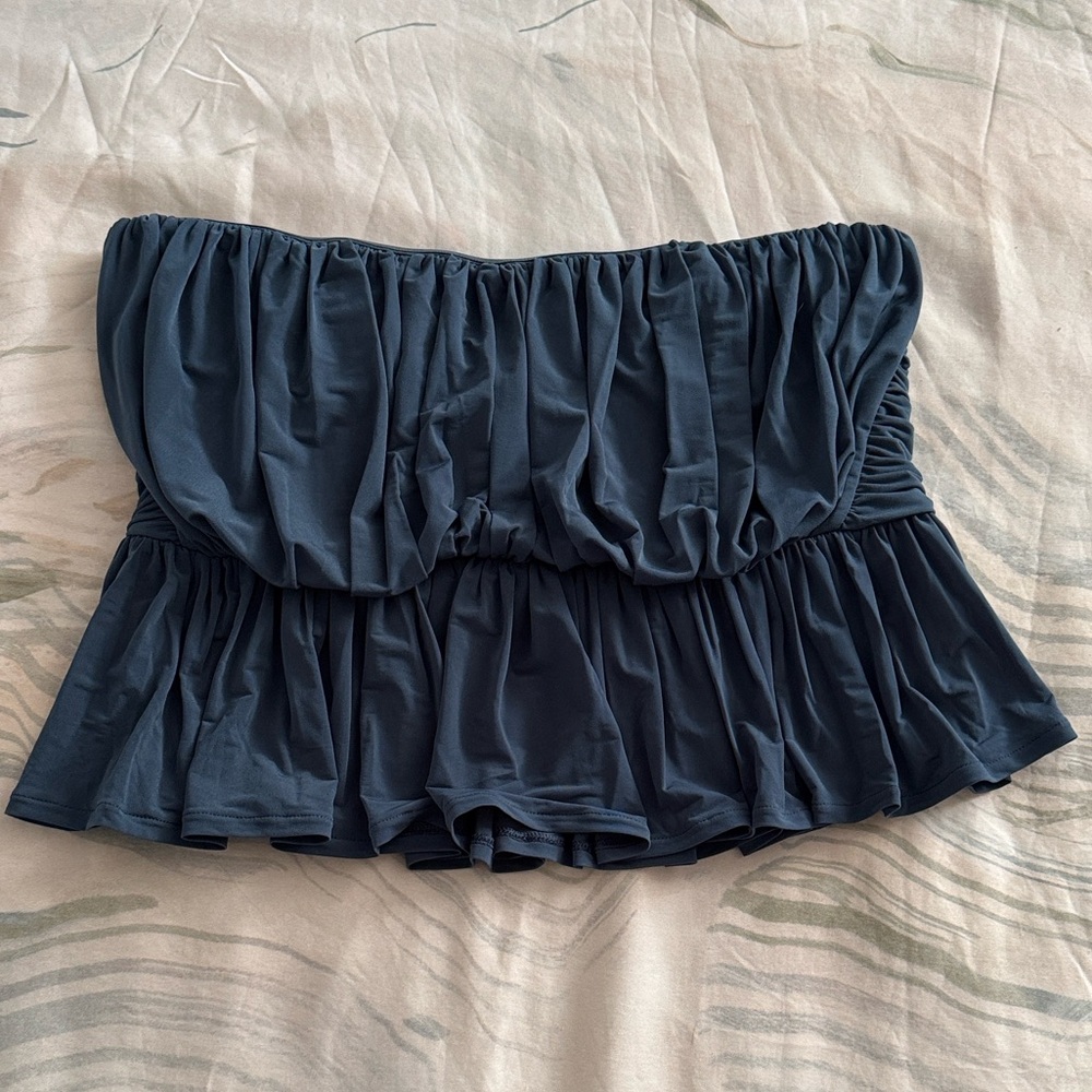 Express Navy Blue Strapless Ruffle Tank Top